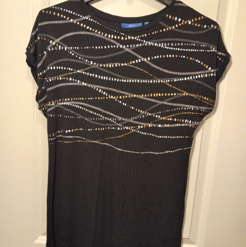 Apt.9 Black Cap Sleeve Shirt with Gold and Silver Accents, EUC, Size XS